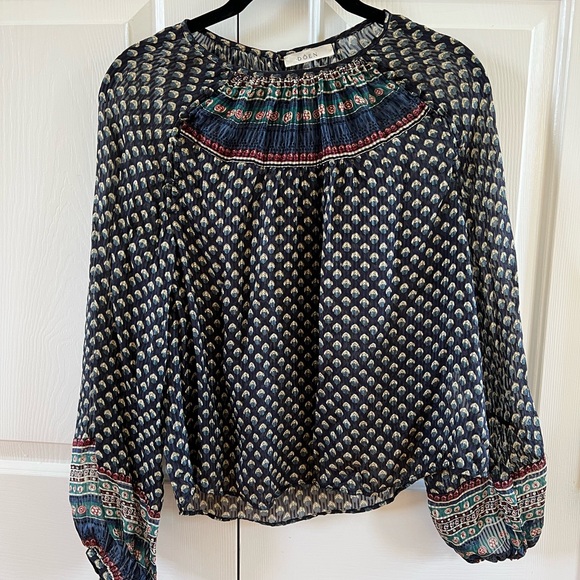 Doen Sheer Manzanita Blue Silk Printed Long Sleeve Top - Picture 6 of 7